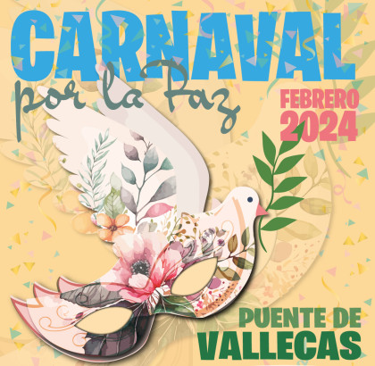 cartel del carnaval con dibujo de paloma de la paz con ramo de olivo en el pico y su cuerpo es un antifaz con flores en colores pastel