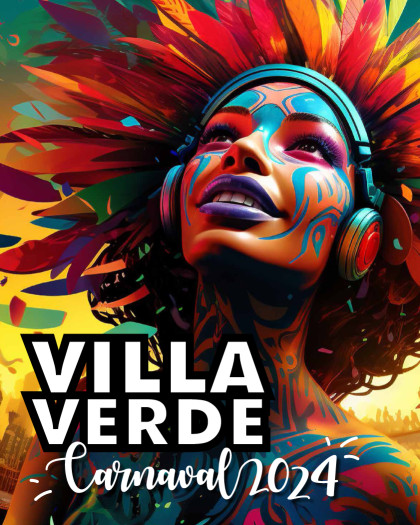 cartel de carnaval mujer con plumas alrededor de la cabeza y cara pintada de diferentes colores
